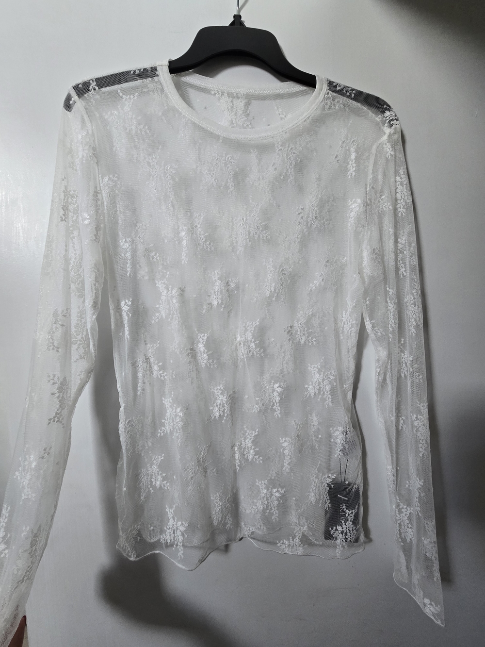 Sheer Floral Lace Long-Sleeve Top - White